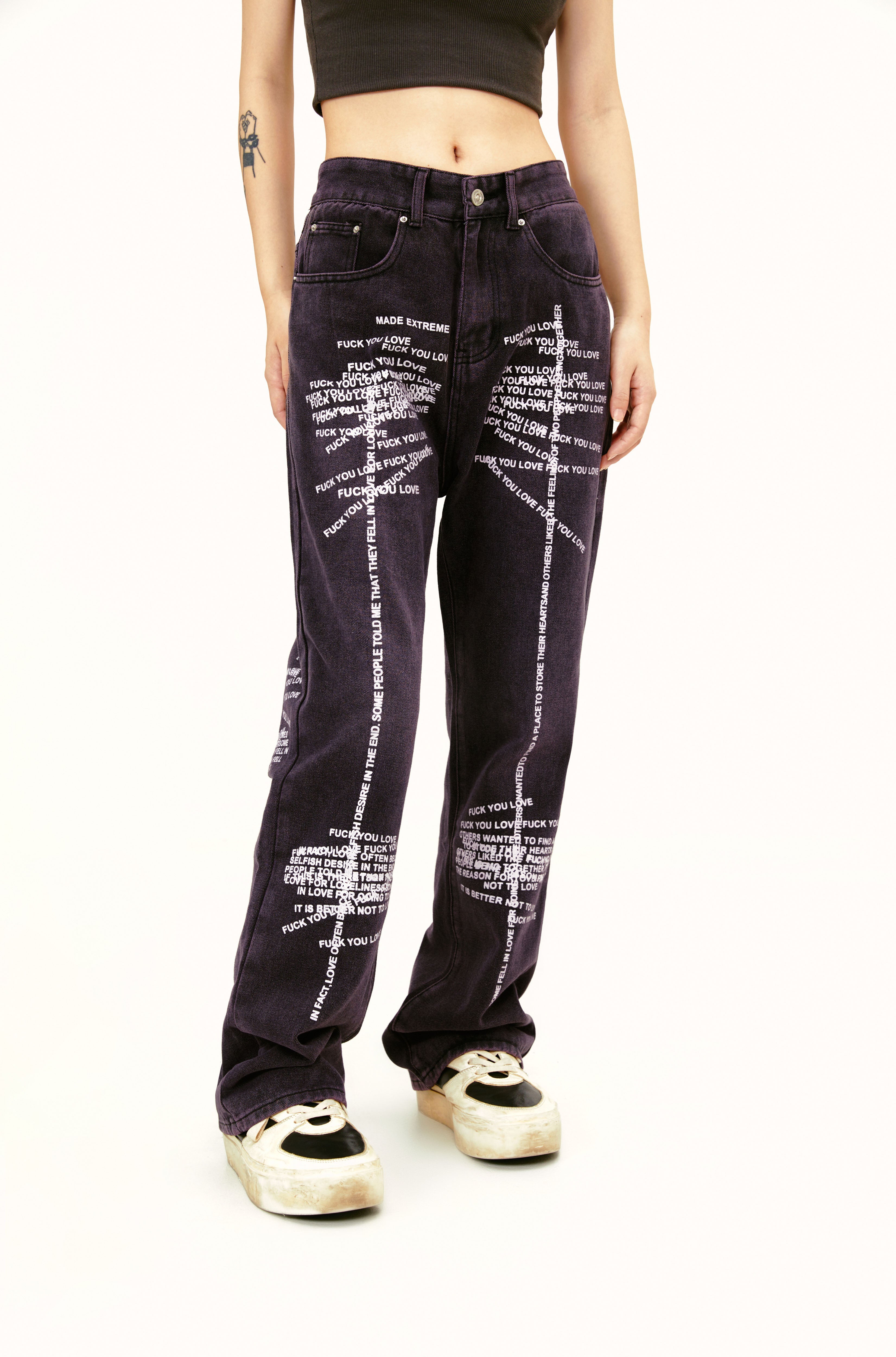 Distressed Text Jeans