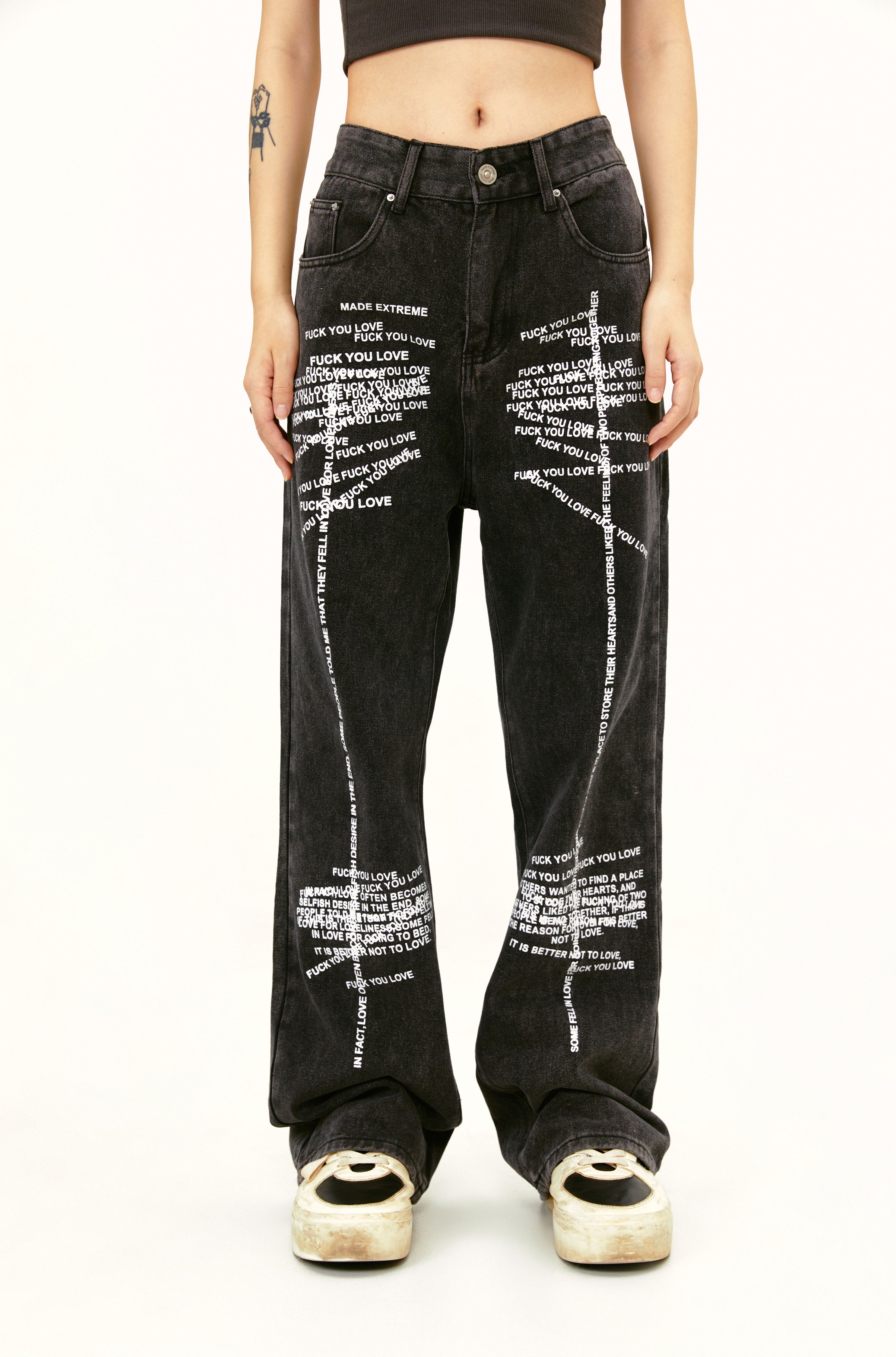 Distressed Text Jeans