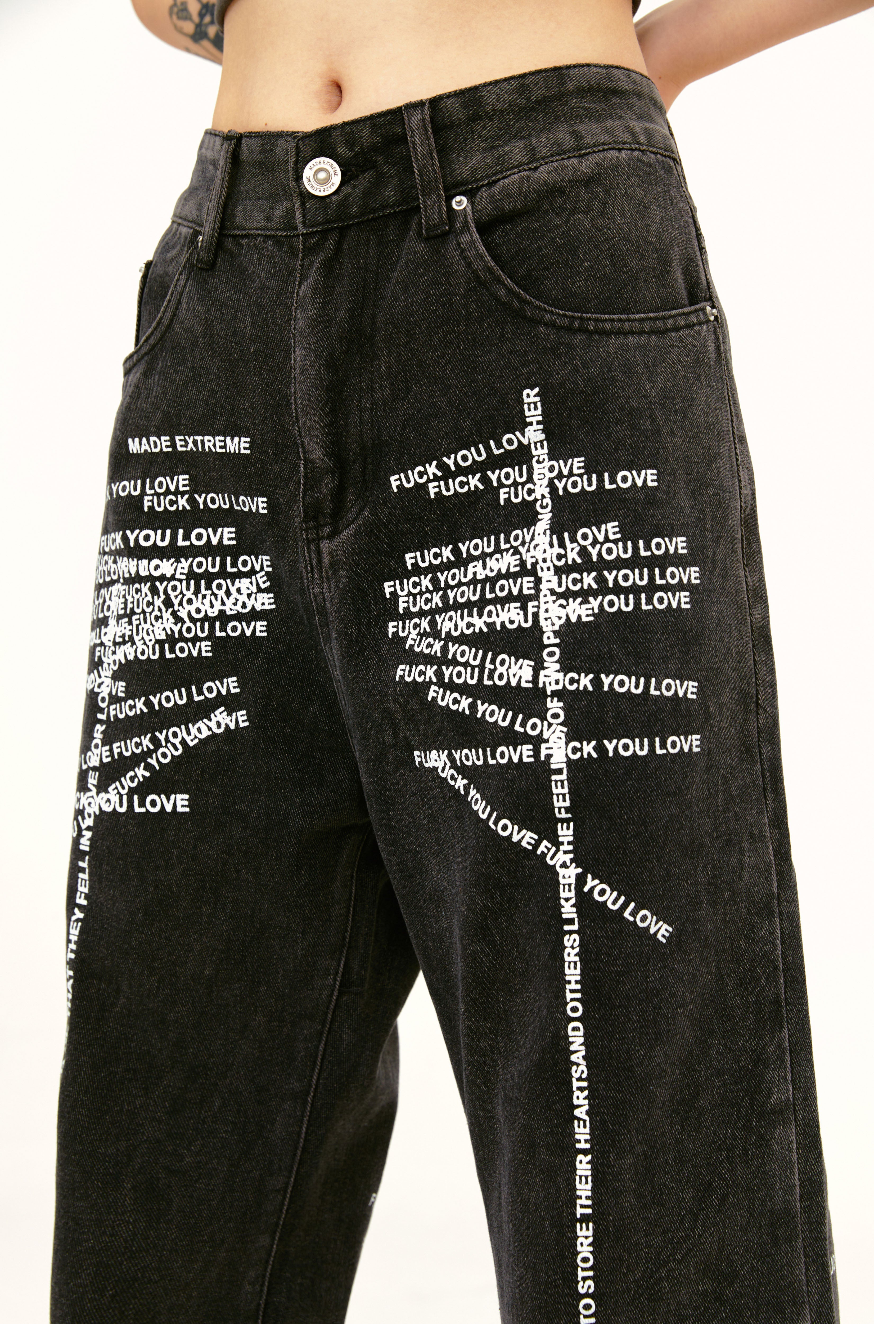 Distressed Text Jeans