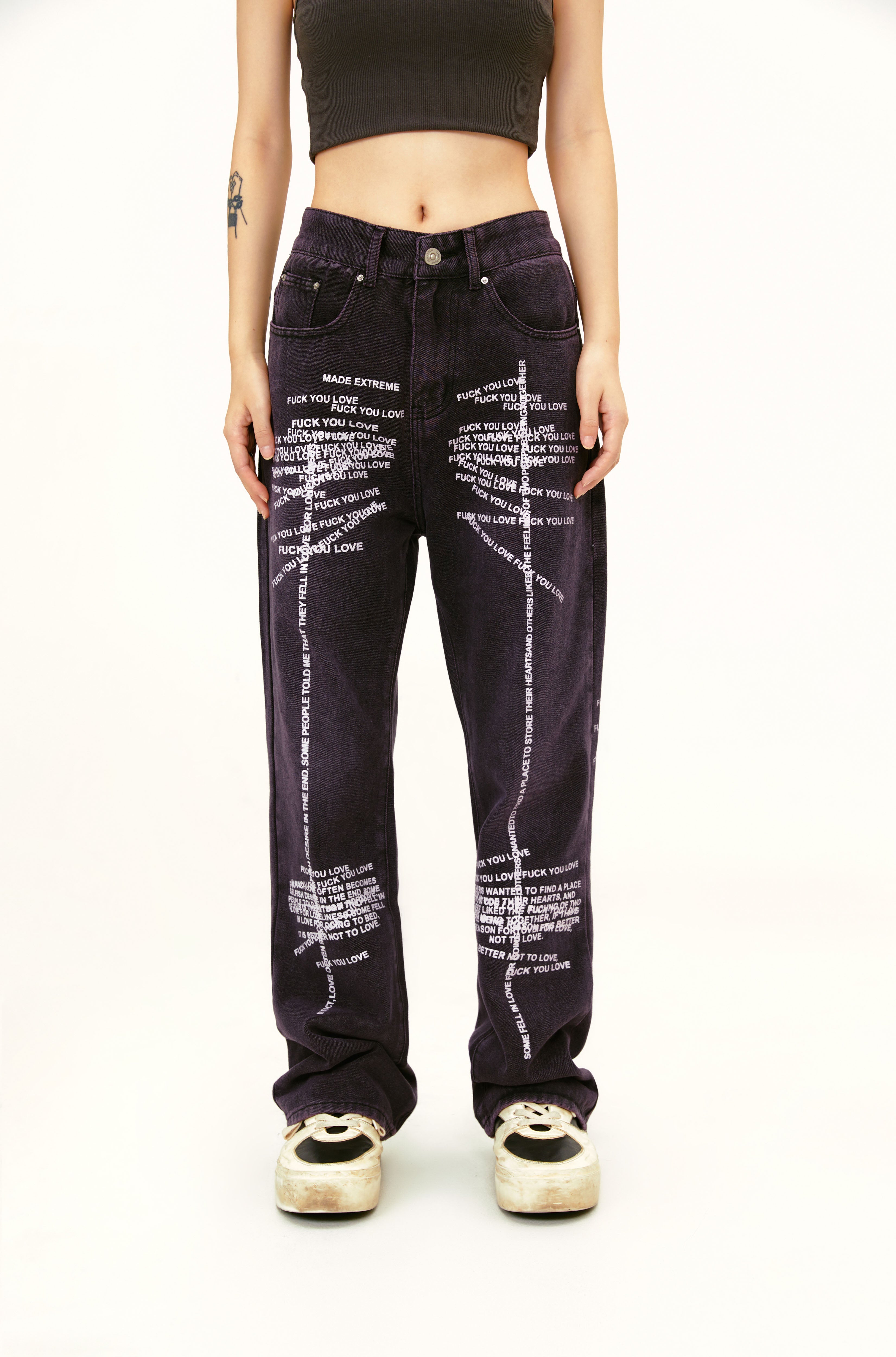 Distressed Text Jeans