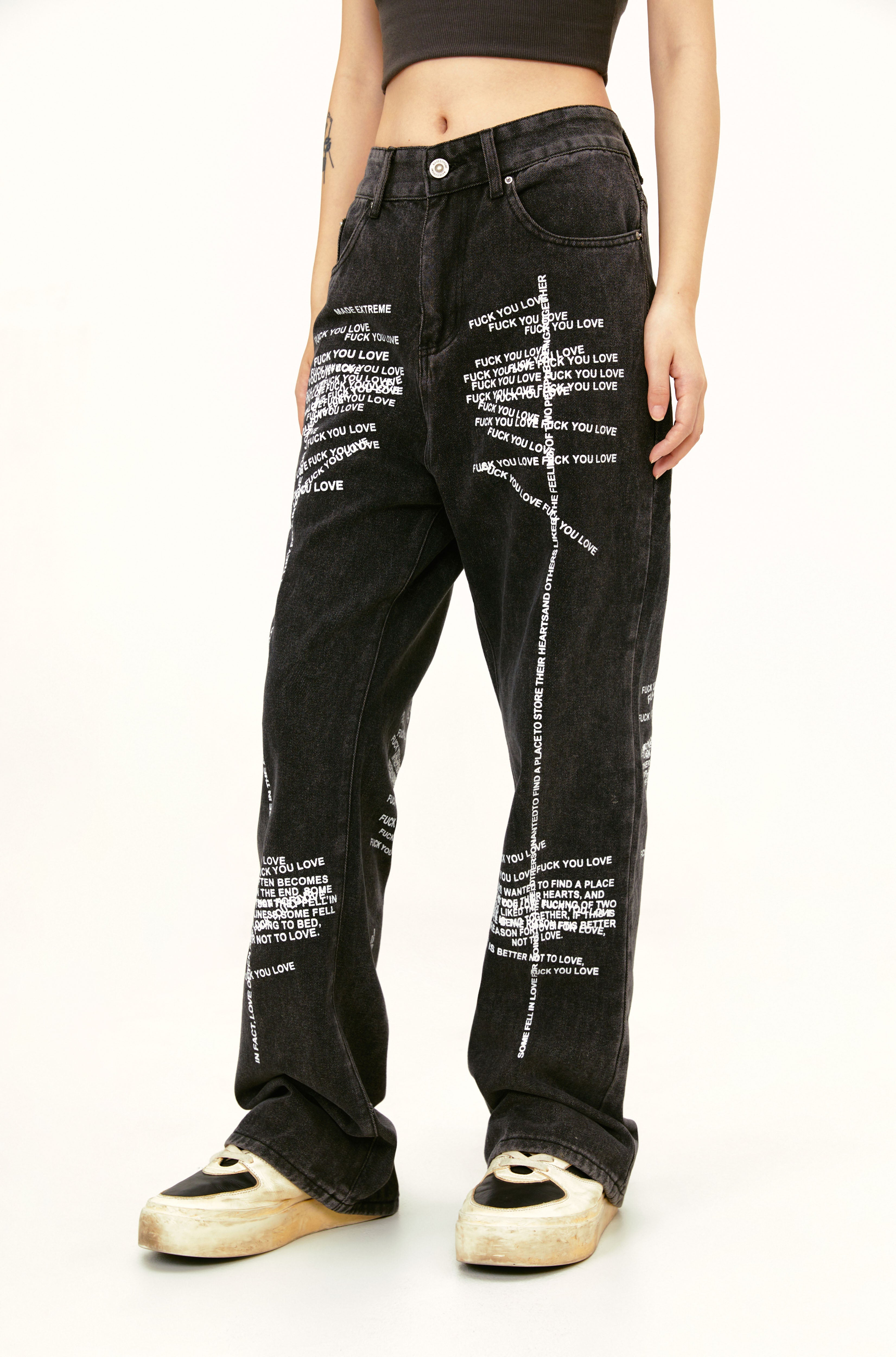 Distressed Text Jeans