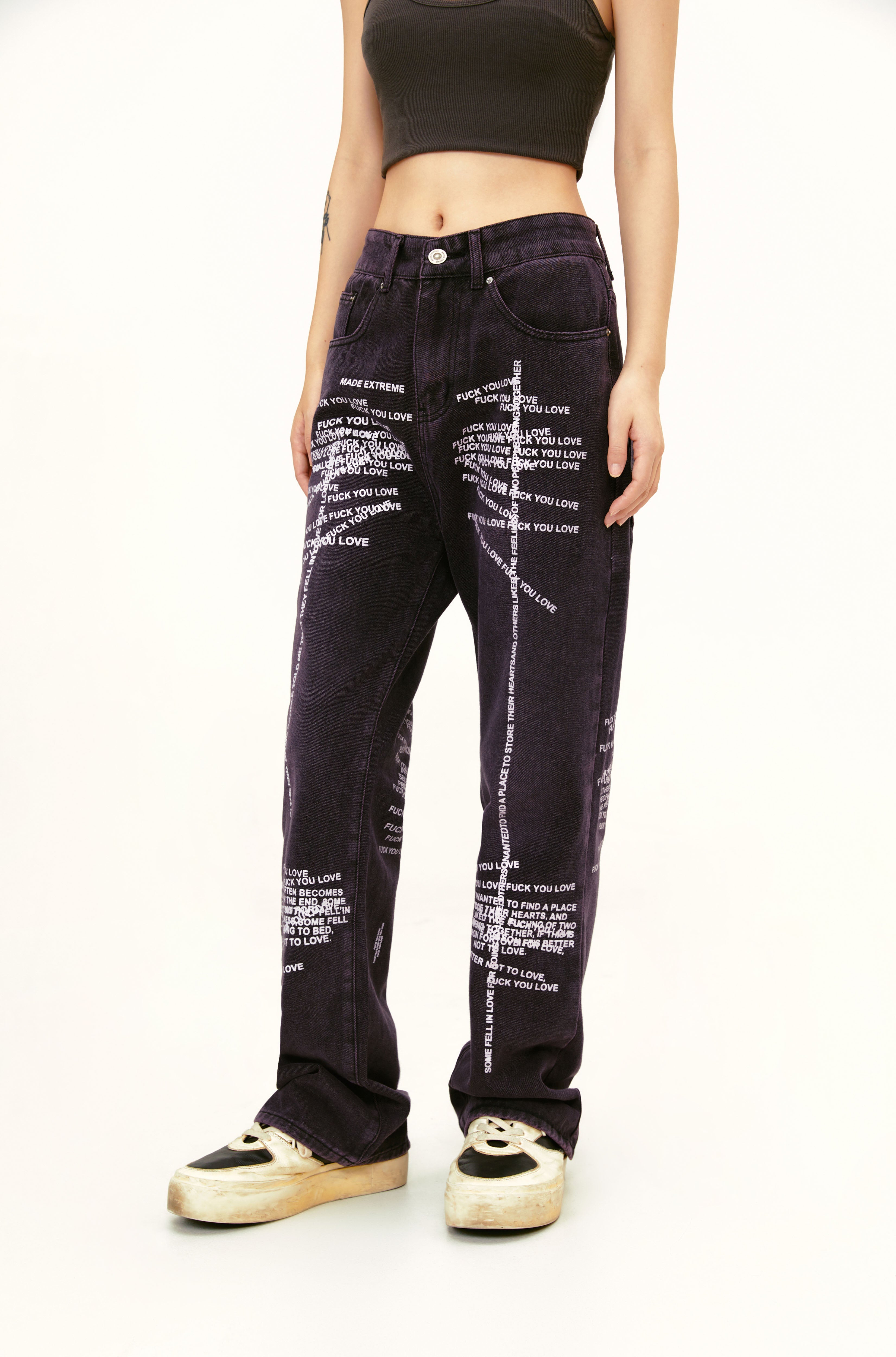 Distressed Text Jeans