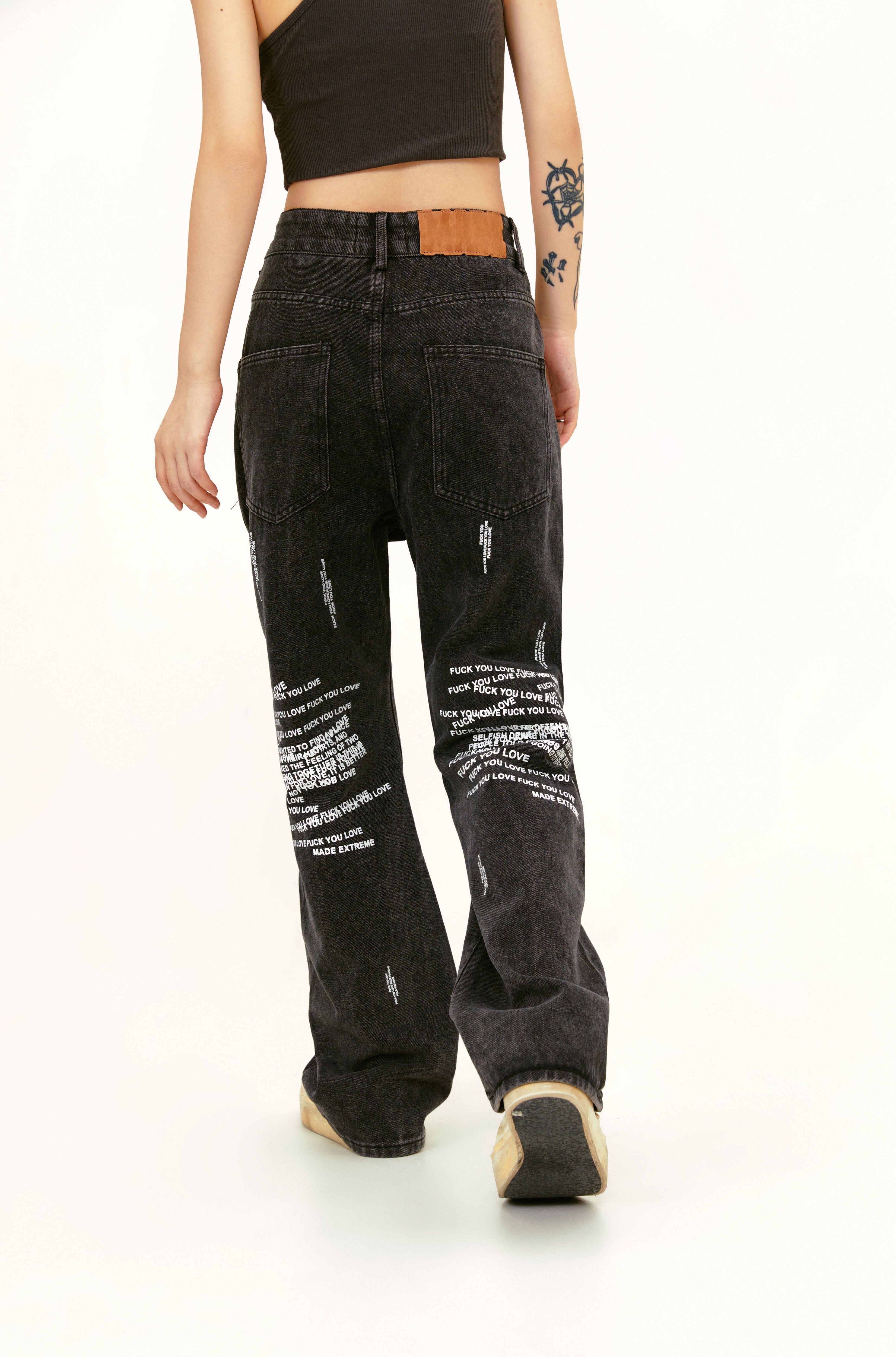 Distressed Text Jeans